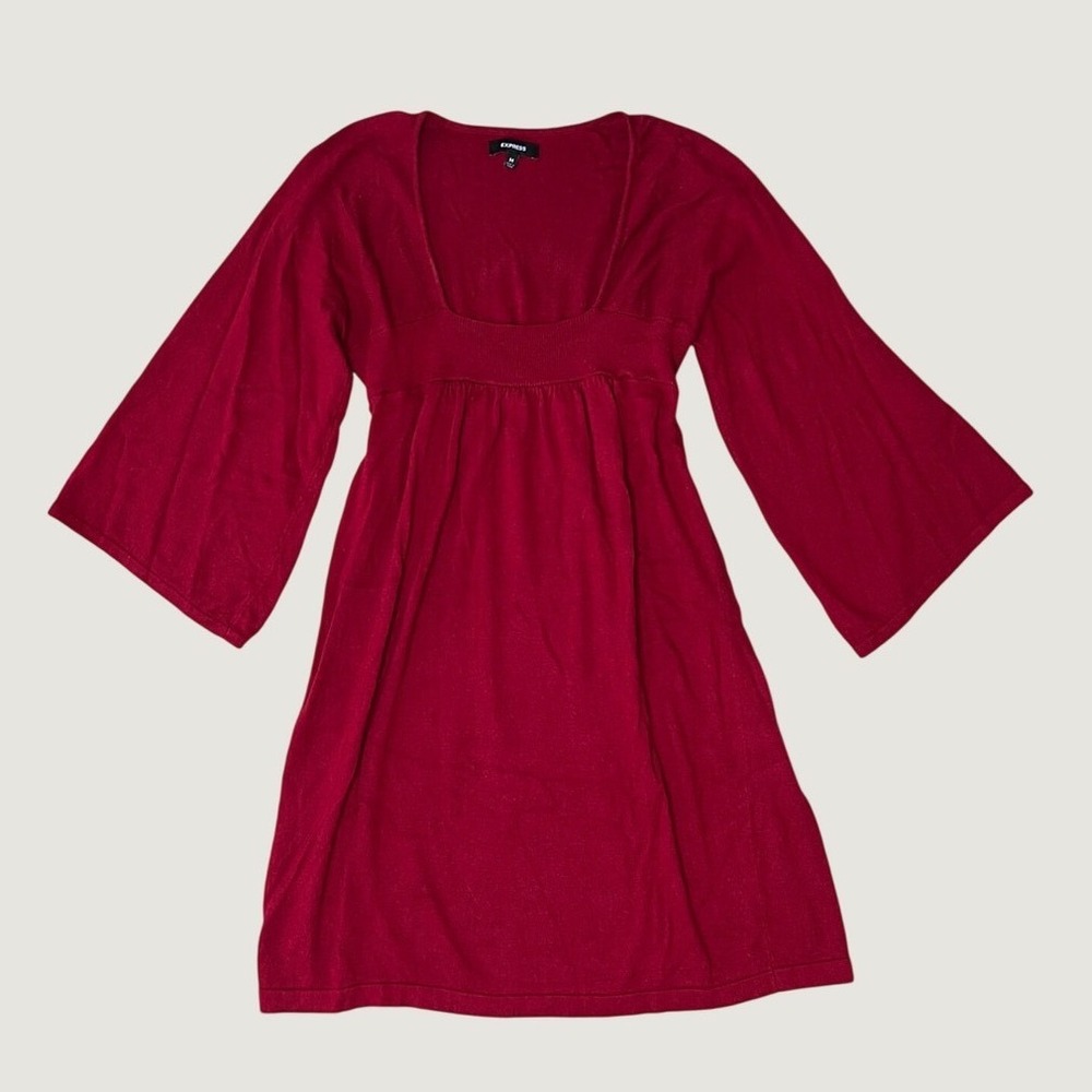 Y2K Babydoll Mini Dress Burgundy Empire Express Bell Sleeve Medium Coquette